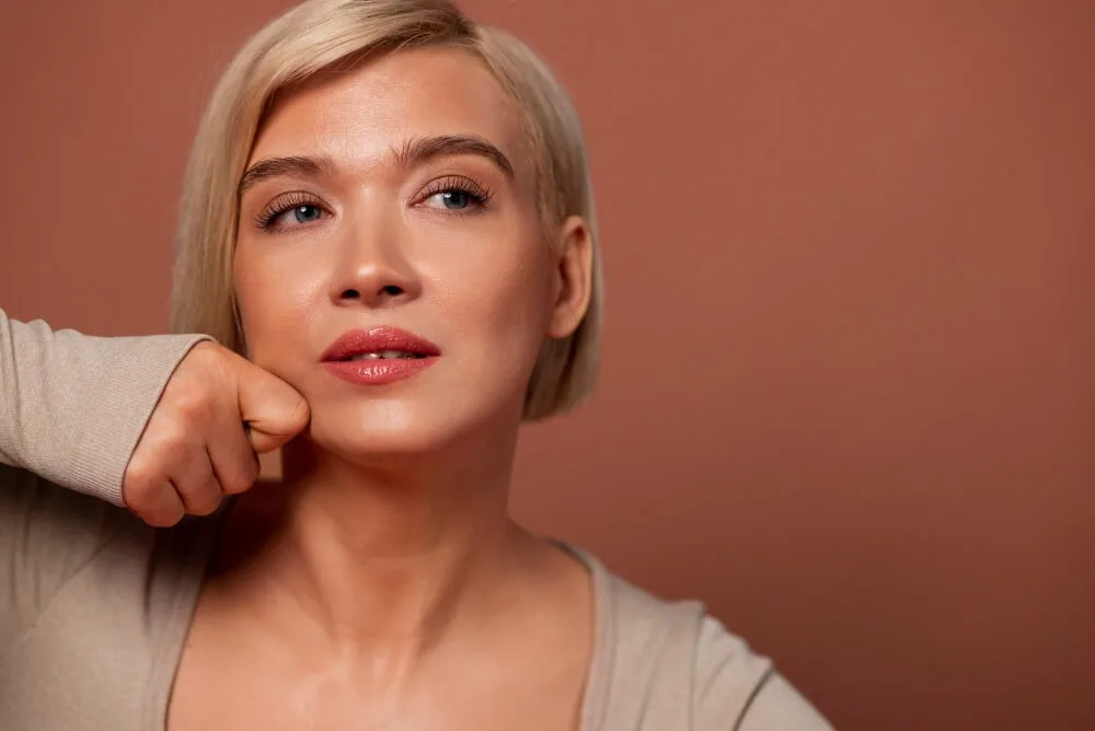 Woman practicing facial yoga.